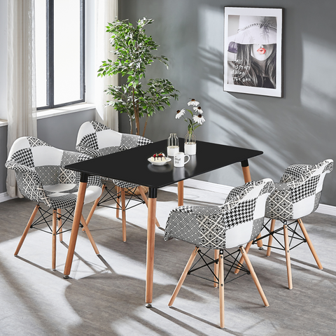 5-Piece Halo Dining Set - Black Table & 4 Black/White Patchwork Armchairs