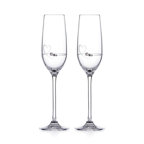 Diamante Petit Champagne Flutes with Heart Design - Set of 2 - In Gift Box