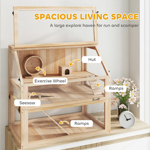 PawHut Wooden Hamster Cage with Detachable 31cm Deep Bottom, Hut, Seesaw, Exercise Wheel, Ramp, 80 x 50 x 76cm, Natural