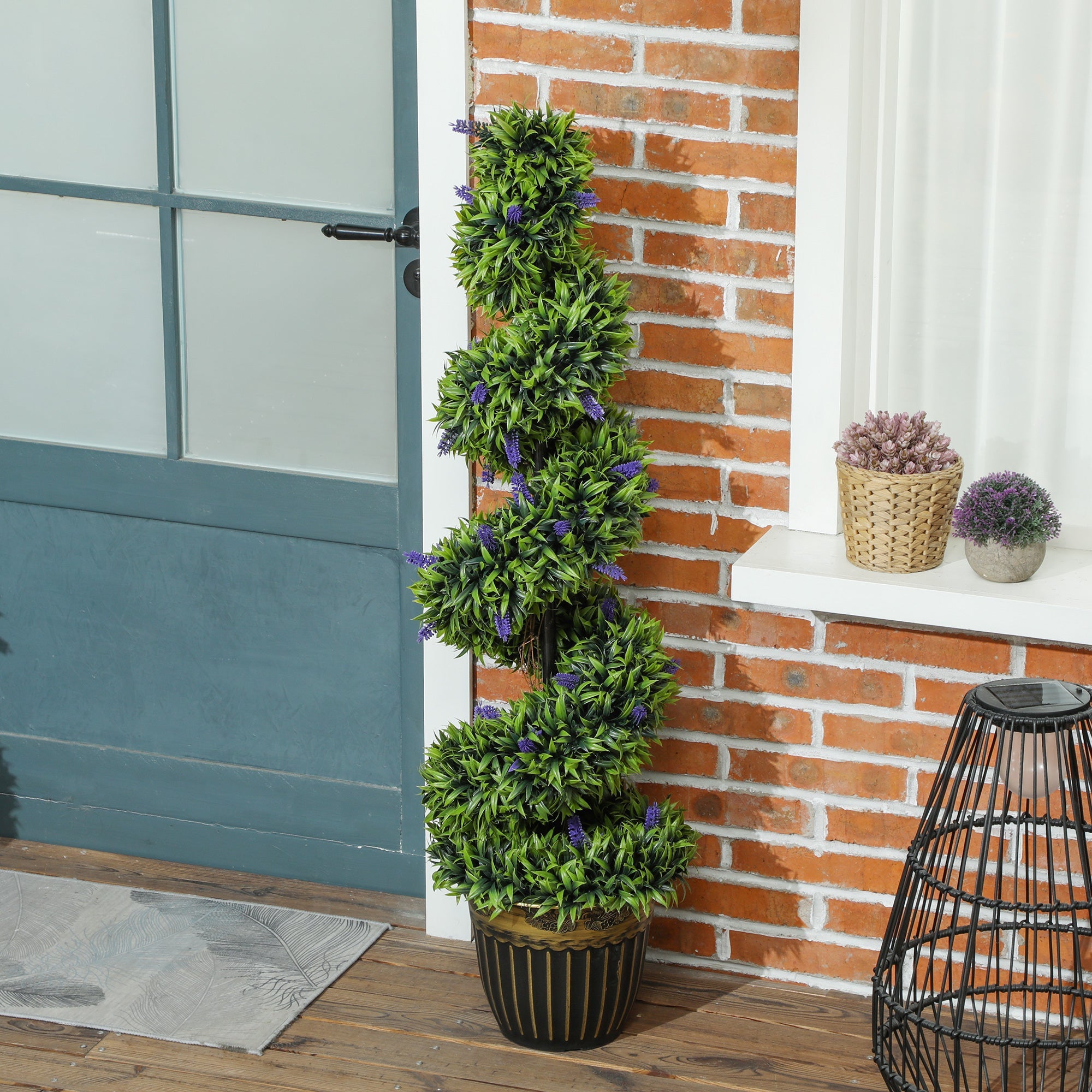 HOMCOM Set of 2 Decorative Artificial Plants, Boxwood Spiral Topiary Tree with Lavender and Pot, Fake Plants for Home Indoor Outdoor Decor, 115cm