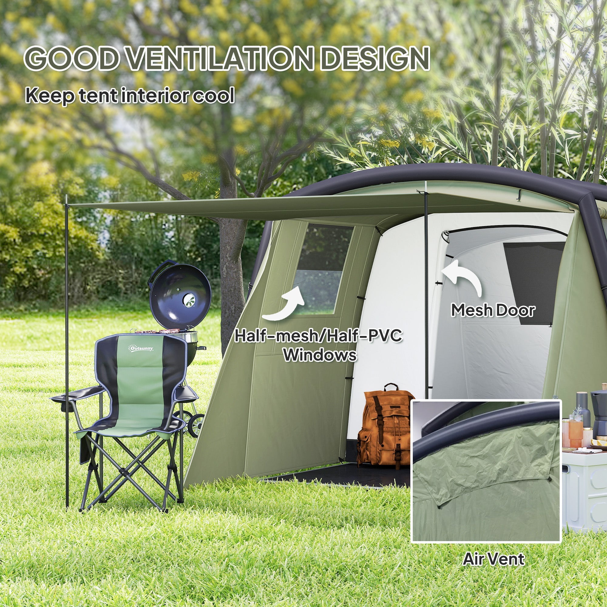 Outsunny Inflatable 3-4 Man Tunnel Tent w/ Air Pump, Living Area & Vestibule, Waterproof Family Camping Air Tent w/ Sewn In Groundsheet & Removable Footprint for Camping, Hiking, Olive Green