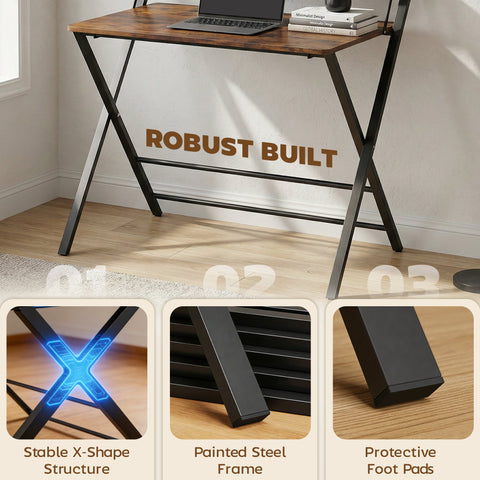 HOMCOM Compact Folding Desk for Small Spaces with Storage Shelf for Home Office, Rustic Brown