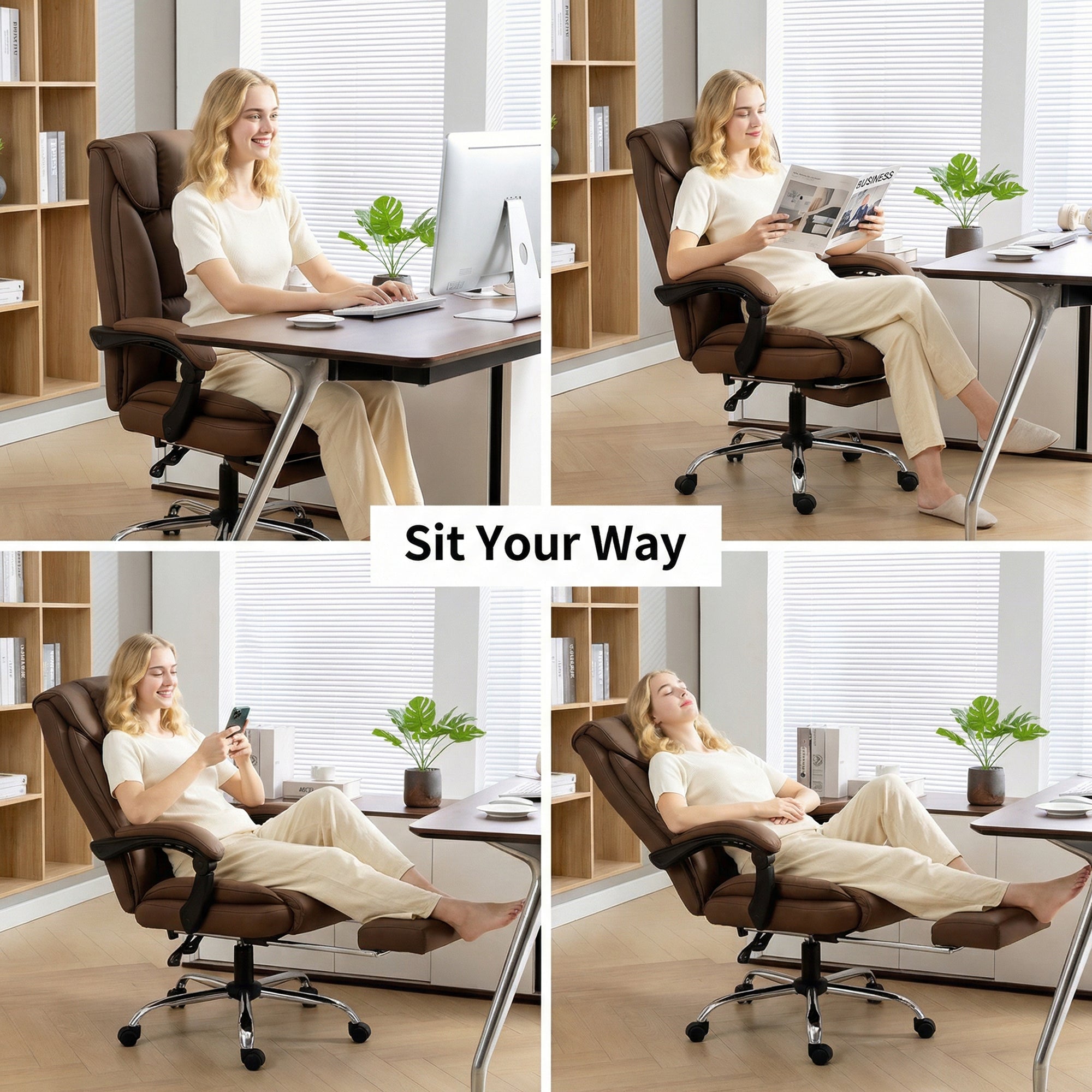 HOMCOM 155° Reclining Faux Leather Swivel Office Chair - Brown