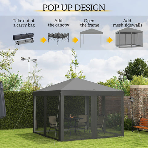 Outsunny 3 x 3\'c2\'a0m Pop Up Gazebo, 420D Garden Tent Canopy with Removable Mesh Sidewall Netting, Carry Bag for Garden Patio Outdoor, Light Grey