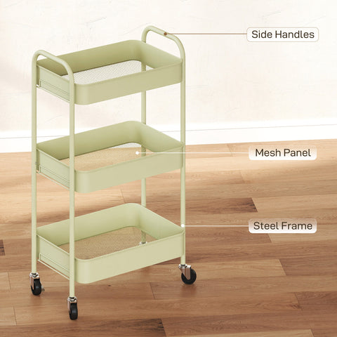 HOMCOM Three-Tier Steel Storage Trolley - Green