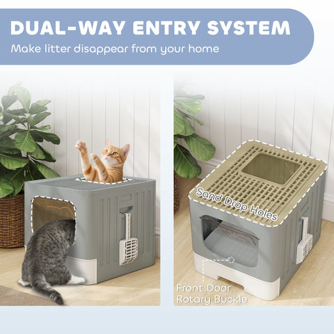 PawHut Cat Litter Box with Lid, Slide-Out Drawer, Scoop, Easy Clean, Odour Control, Anti-Splashing, Grey