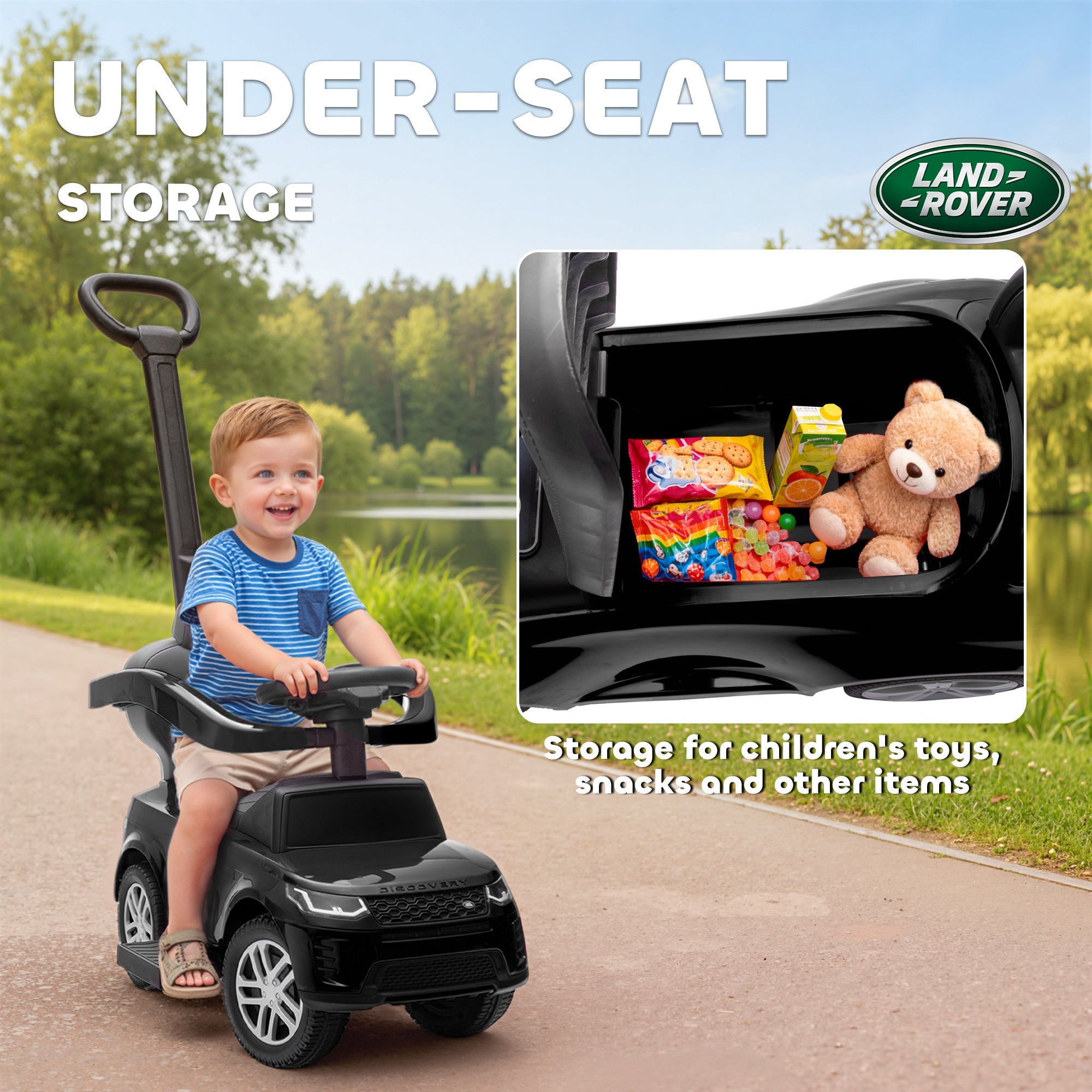 AIYAPLAY Land Rover Discovery Licensed Baby Push Car, 2-in-1 Ride on Car with Push Handle and Safety Guardrail, Black