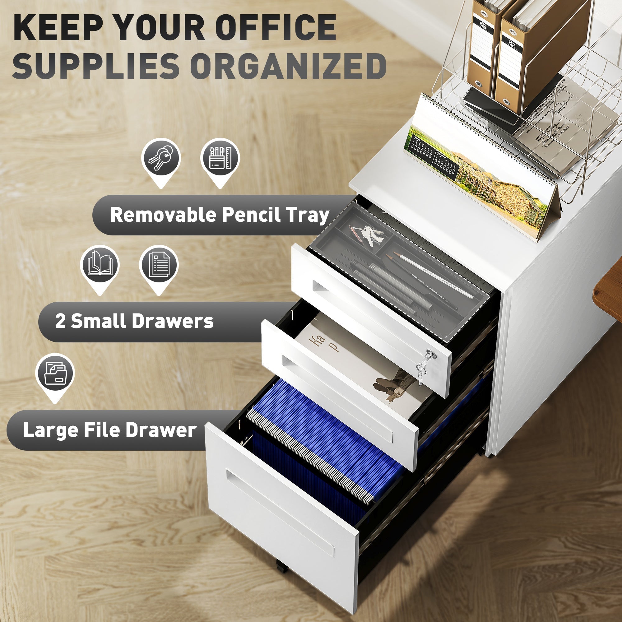 Vinsetto Metal Mobile File Cabinet with Wheels, Lockable 3 Drawer Filing Cabinet for A4, Legal, Letter, Compact Under Desk Storage Unit with Pre-Assembled Body for Home Office, 30 x 43.5 x 60cm, White