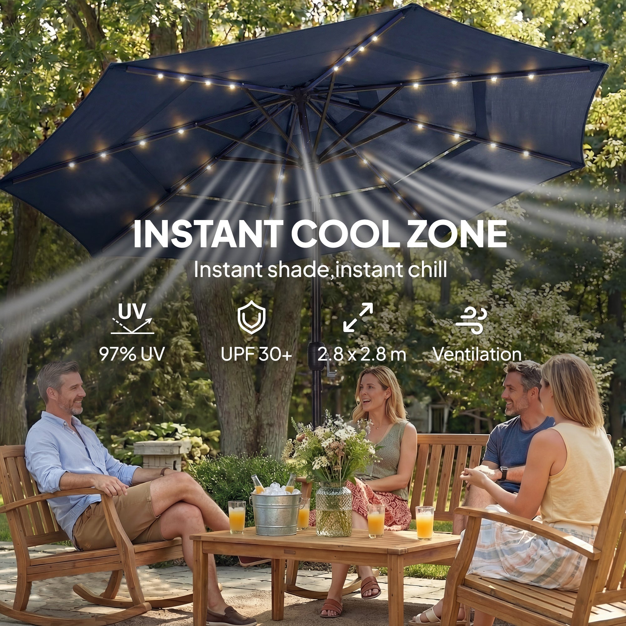 Outsunny 2.8 m Garden Parasol Umbrella with LED Solar Light, Parasol Cover, 3 Tier Outdoor Table Market Patio Umbrella, Navy Blue