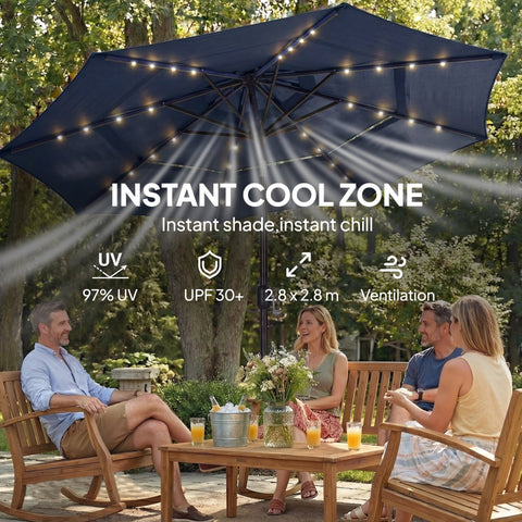 Outsunny 2.8 m Garden Parasol Umbrella with LED Solar Light, Parasol Cover, 3 Tier Outdoor Table Market Patio Umbrella, Navy Blue