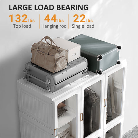 HOMCOM Portable Clothes Wardrobe for Bedroom, Foldable Clothes Organiser with Cube Storage, Hanging Rods, Magnet Doors, White