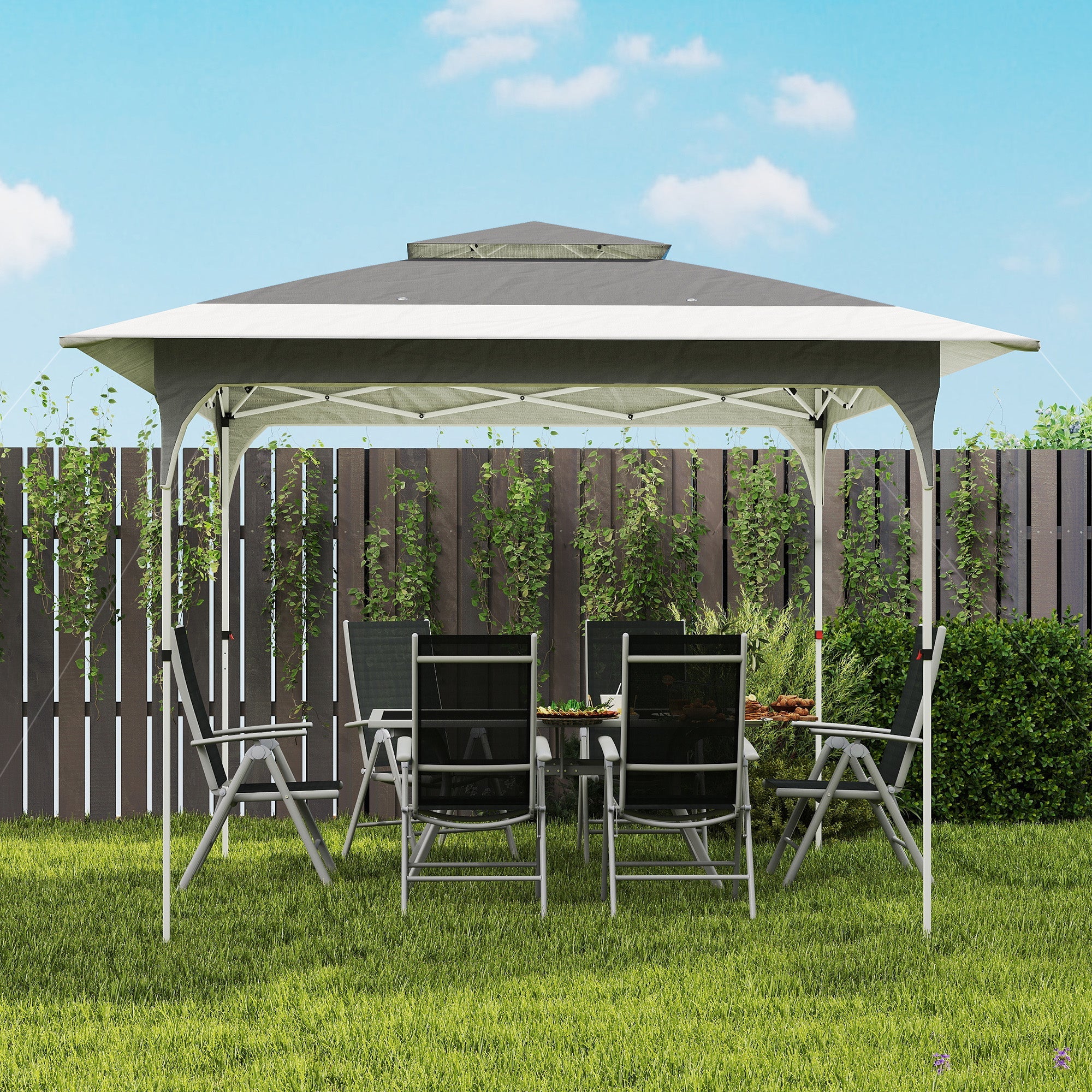 Outsunny 3.5 x 3.5 m Pop Up Gazebo with One-Push Setup, UPF50+ Double Tier Garden Party Tent Marquee with Carry Bag, Dark Grey