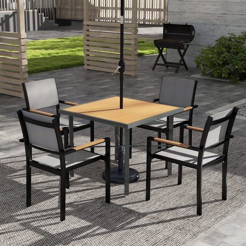 Outsunny Garden Table, 90cm Square Outdoor Patio Dining Table with 4.2 cm Umbrella Hole, Metal Frame, Wood Effect Top, for Terrace, Balcony, Natural Wood Finish