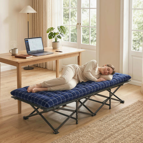 Outsunny Camping Cot with Soft Pad, 80cm Extra Wide Folding Cots with Side Pocket and Carry Bag, Blue