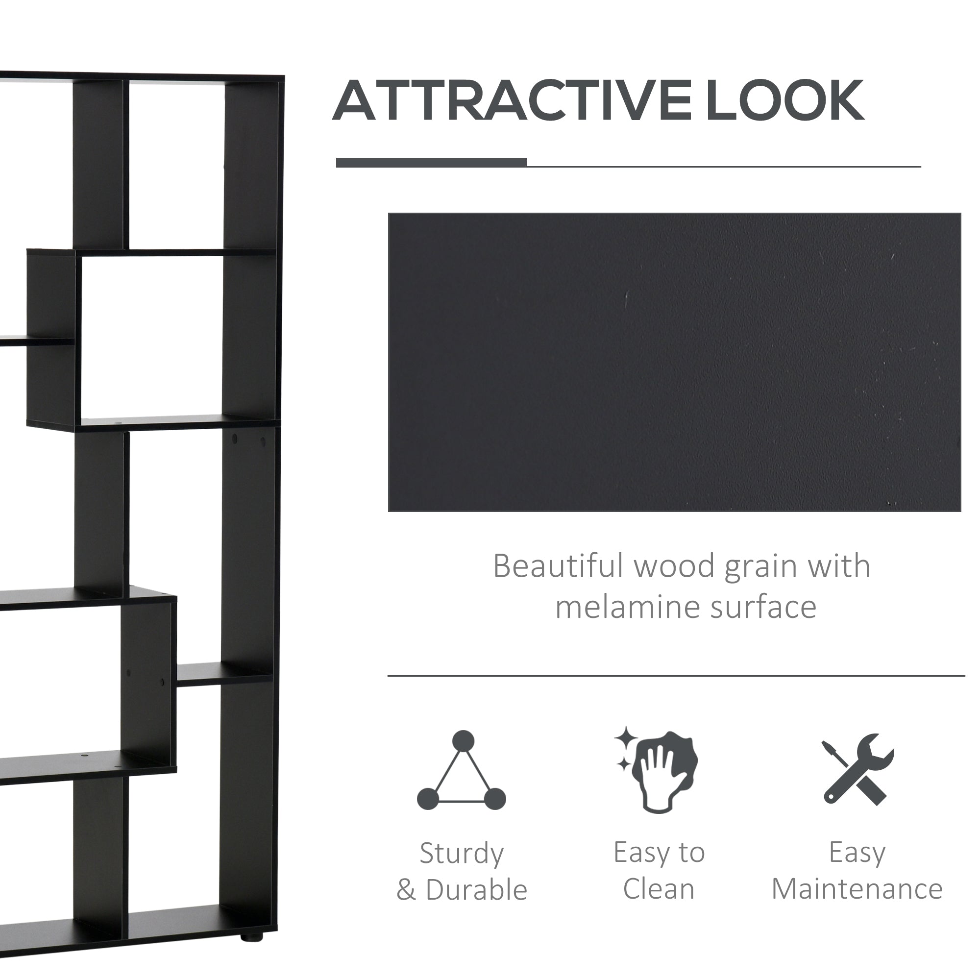 HOMCOM 8-Tier Freestanding Bookcase w/ Melamine Surface Anti-Tipping Foot Pads Home Display Storage Grid Stand Bedroom Living Room Furniture Modern Style - Black