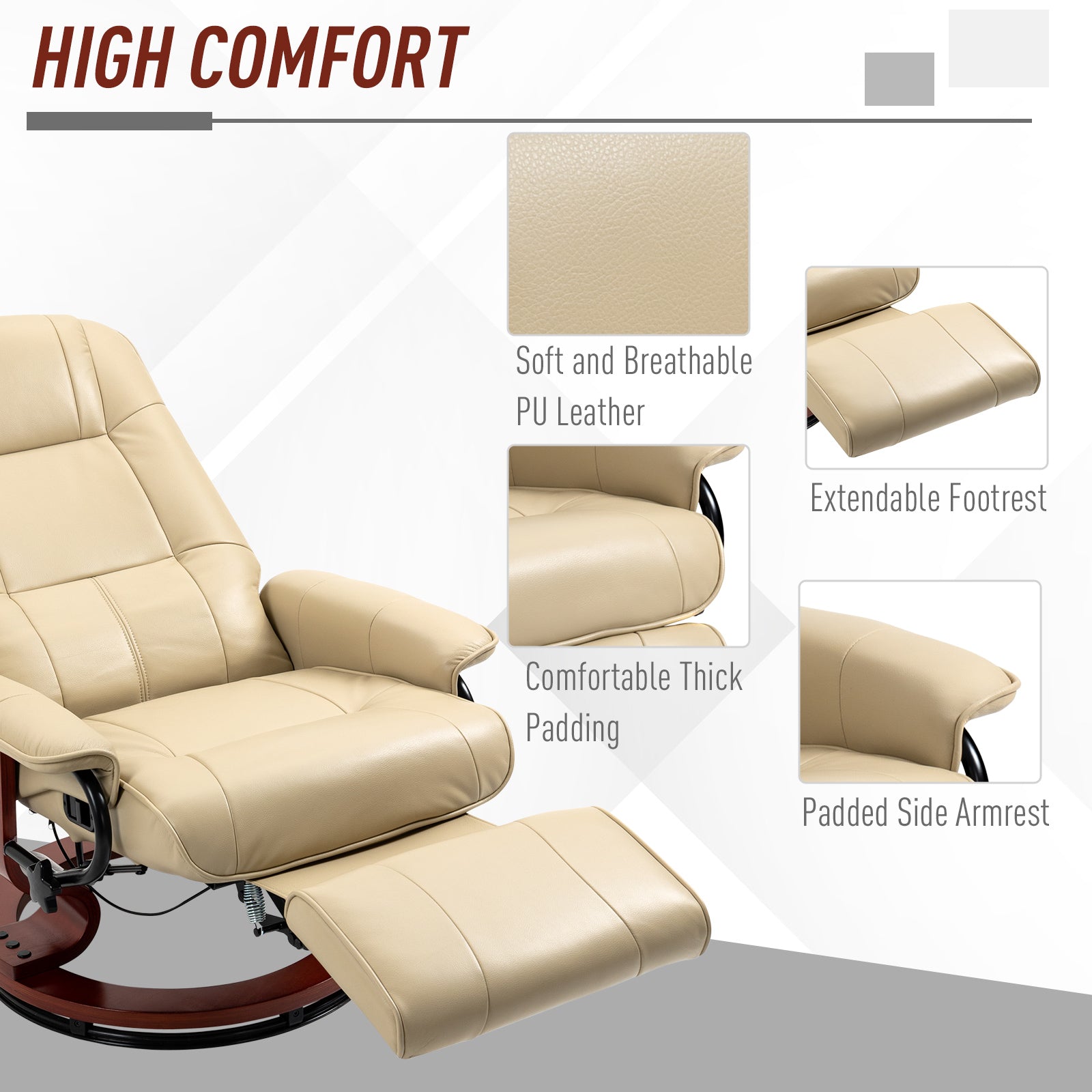 HOMCOM Faux Leather Armchair, with 145\'c2\'b0 Reclining Back and Footrest - Cream