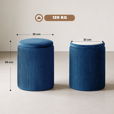 HOMCOM Storage Ottoman Modern Velvet Round Foot Stool for Living Room Bedroom 45 cm Blue