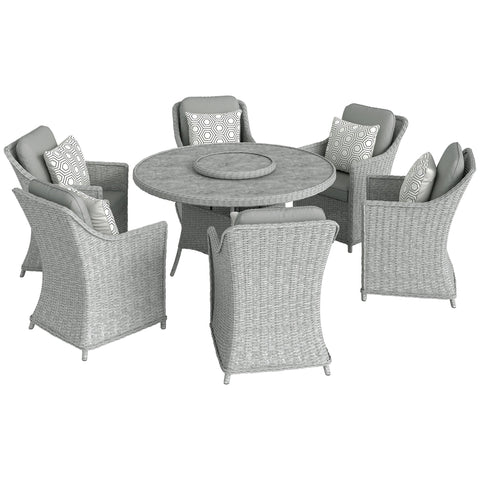 Outsunny Rattan Garden Dining Set with Turntable, Marble Effect Glass Round Garden Table and Chairs with Aluminium Frame, Grey