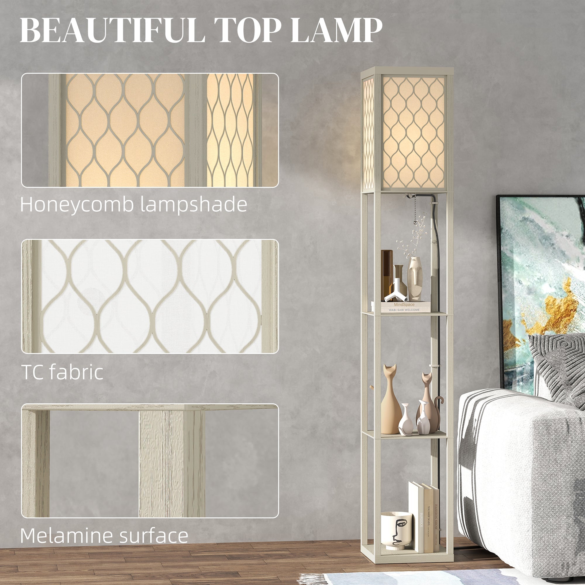 HOMCOM Three-Shelf Standing Lamp - Oak/White