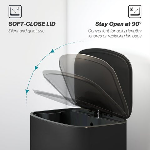 HOMCOM 50L Kitchen Bin with Soft-Close Lid and Stay-Open Function, Stainless Steel Pedal Bin with Removable Inner Bucket, Carry Handle for Kitchen, Office, Home, Black