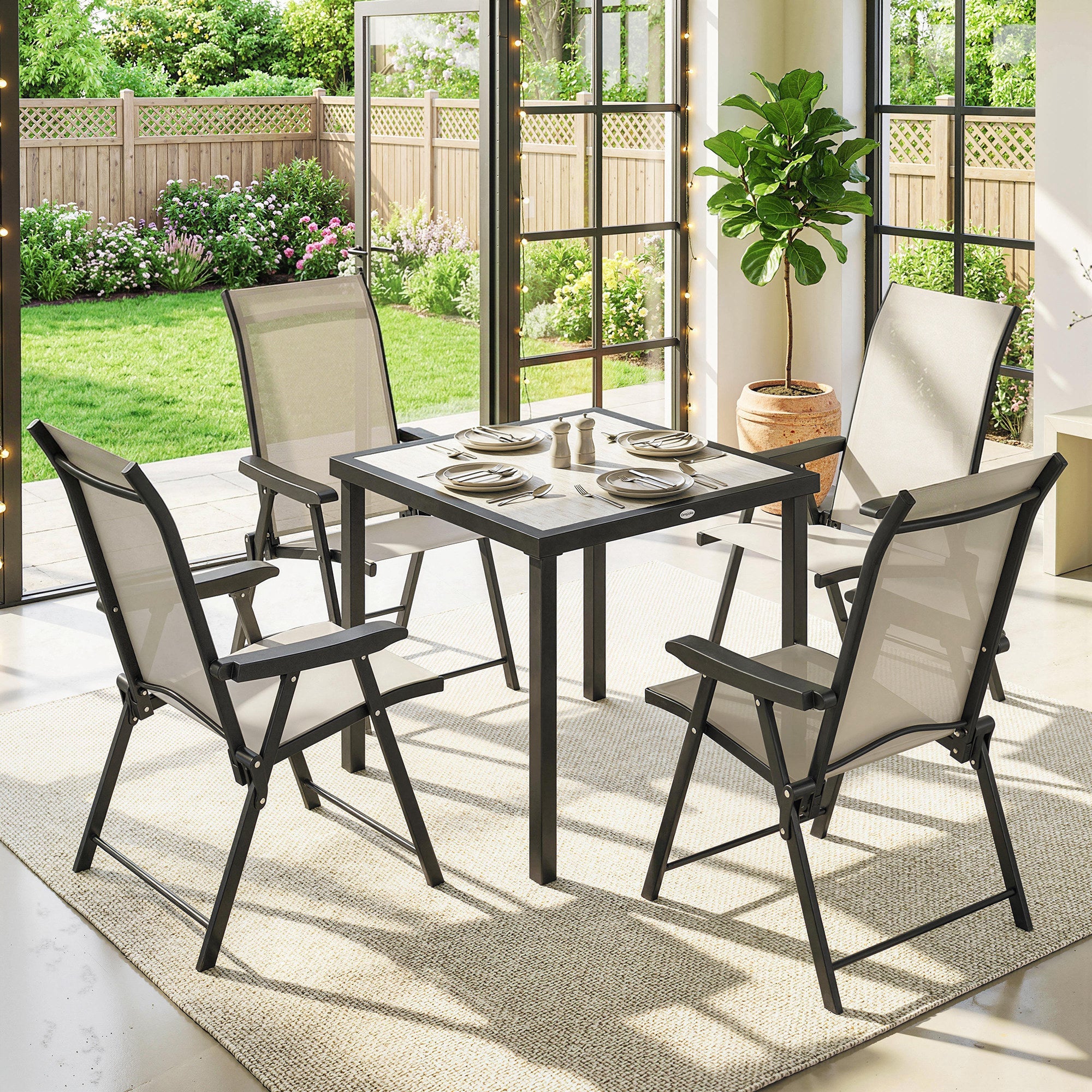 Outsunny 5 Pieces Outdoor Dining Set, Garden Dining Set for 4 with Square Table and Folding Chairs, Brown