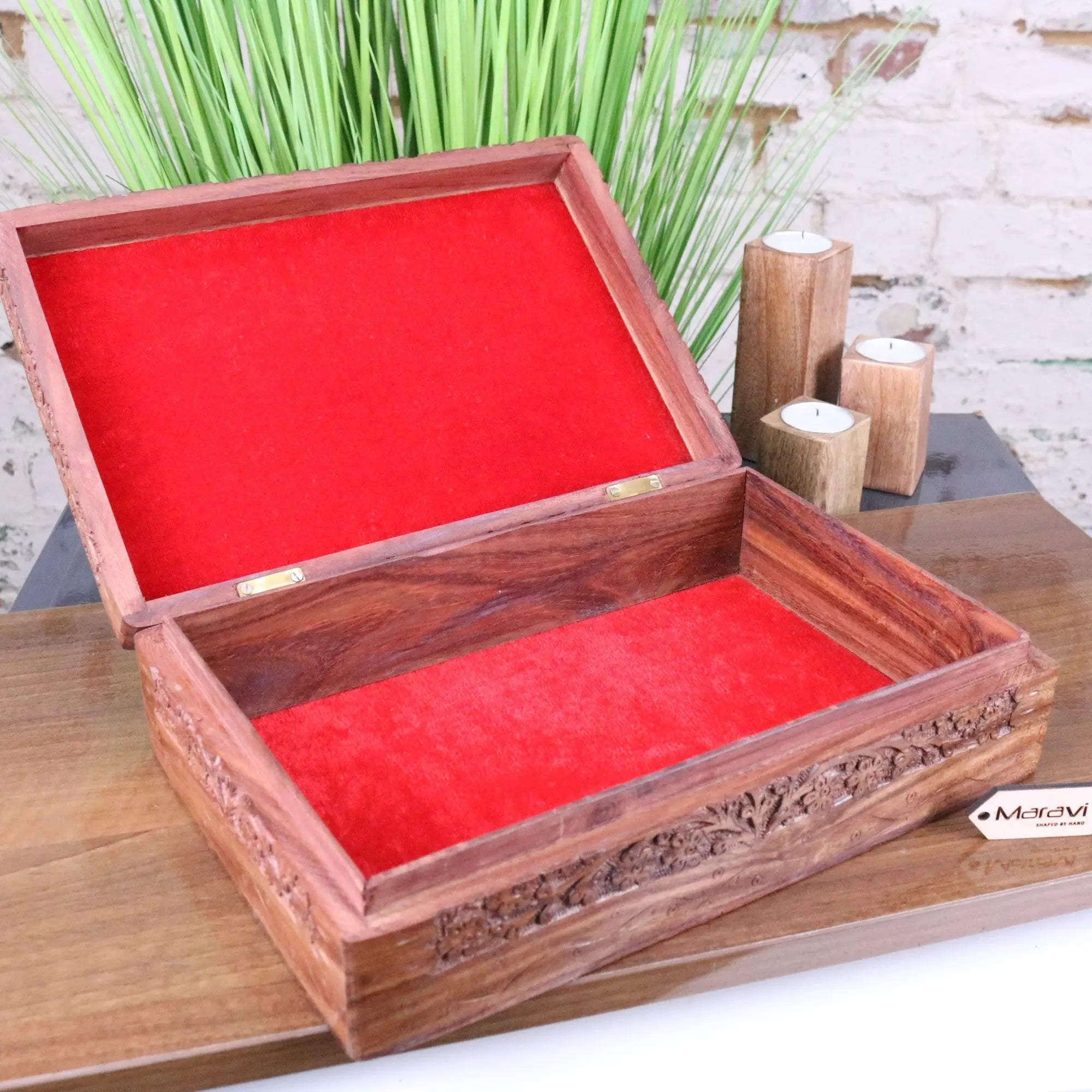Vansuri Large Hand Carved Wooden Box Velvet Lined