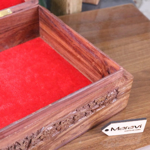 Vansuri Large Hand Carved Wooden Box Velvet Lined