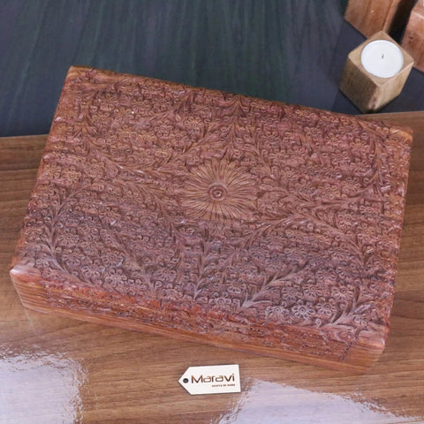 Vansuri Large Hand Carved Wooden Box Velvet Lined