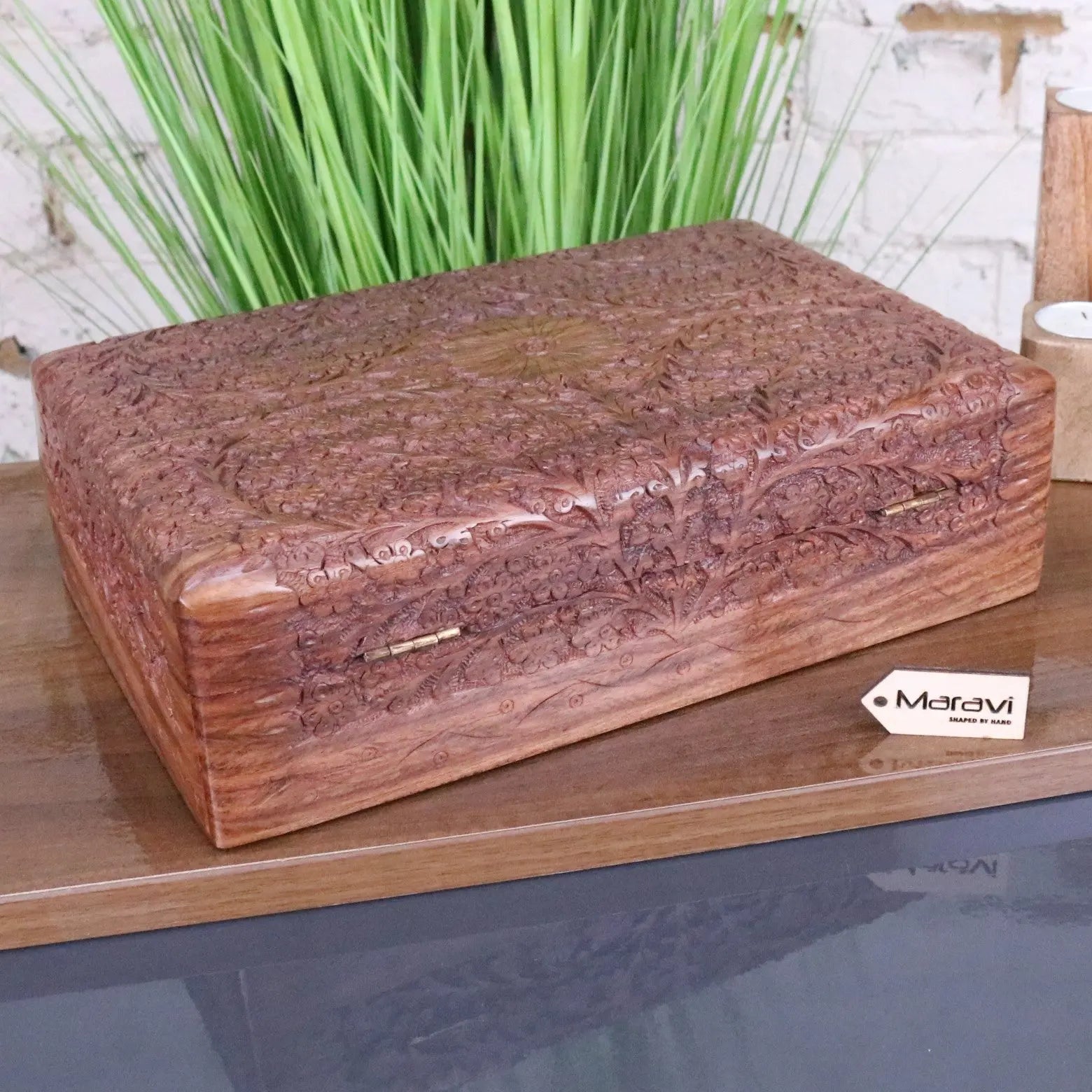 Vansuri Large Hand Carved Wooden Box Velvet Lined