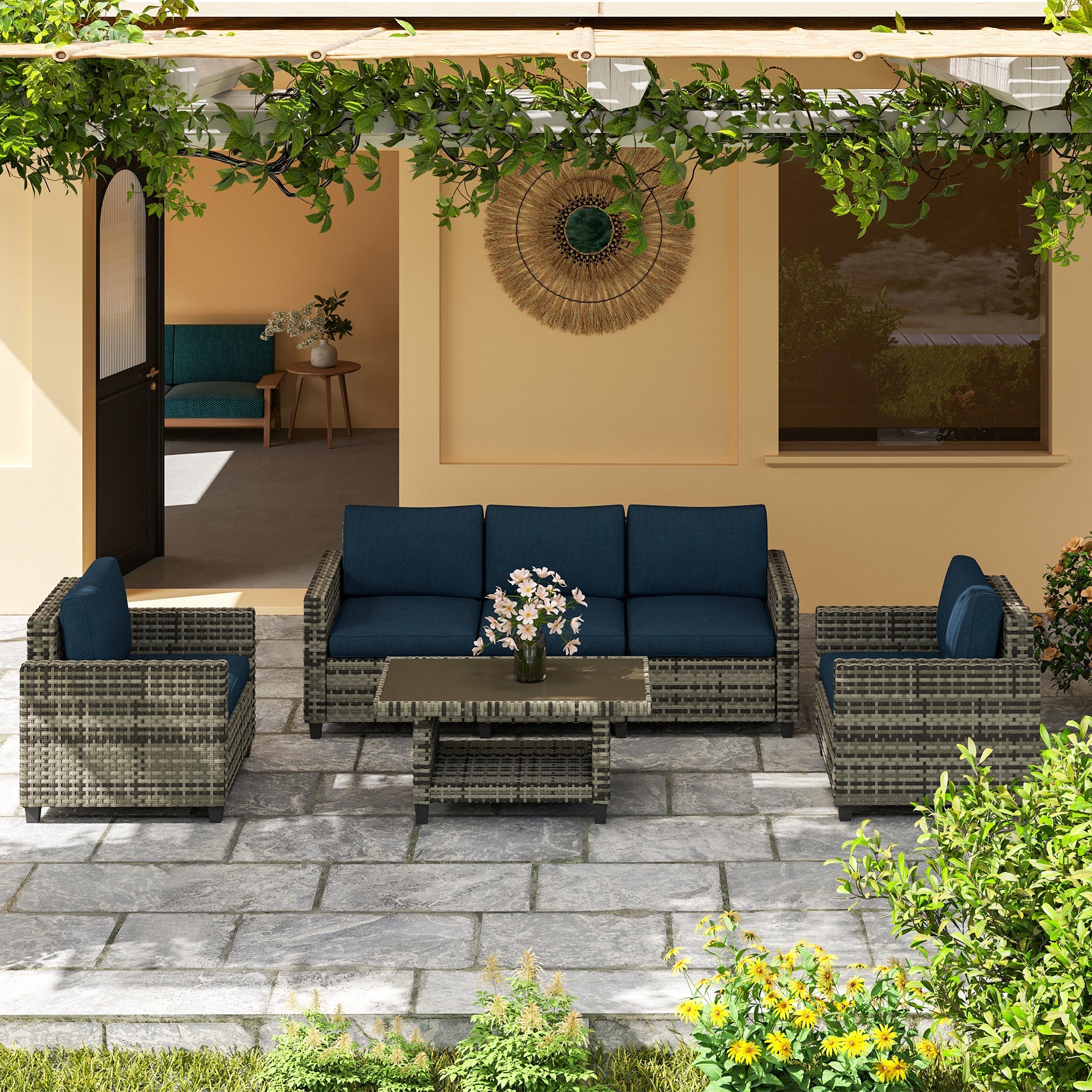 Outsunny 6 Pieces Rattan Garden Furniture Set, 5 Seater Wicker Outdoor Furniture Set with 2 Armchairs, Steel Frame Coffee Table and Cushions for Balcony, Porch, Navy Blue