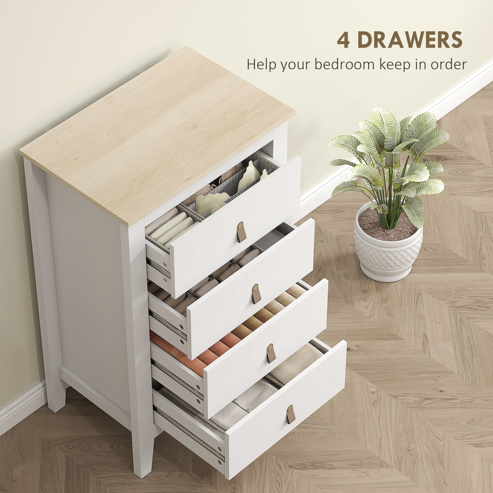 HOMCOM Bedroom Chest of Drawers, Modern 4 Drawer Dresser Cabinet with PU Leather Handles and Metal Runners for Living Room, Hallway, Entryway, White