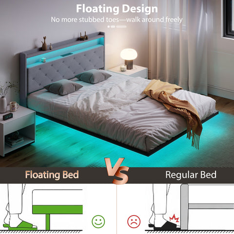 HOMCOM Floating Bed Frame, Upholstered 5ft King Size Bed, Platform Bed with RGB LED Lights and Charging Station, Grey