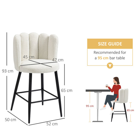 HOMCOM Bar Stools Set of 2, Faux Cashmere Upholstered Breakfast Bar Chairs, Modern Kitchen Stools with Backs, Footrest and Steel Base, Cream