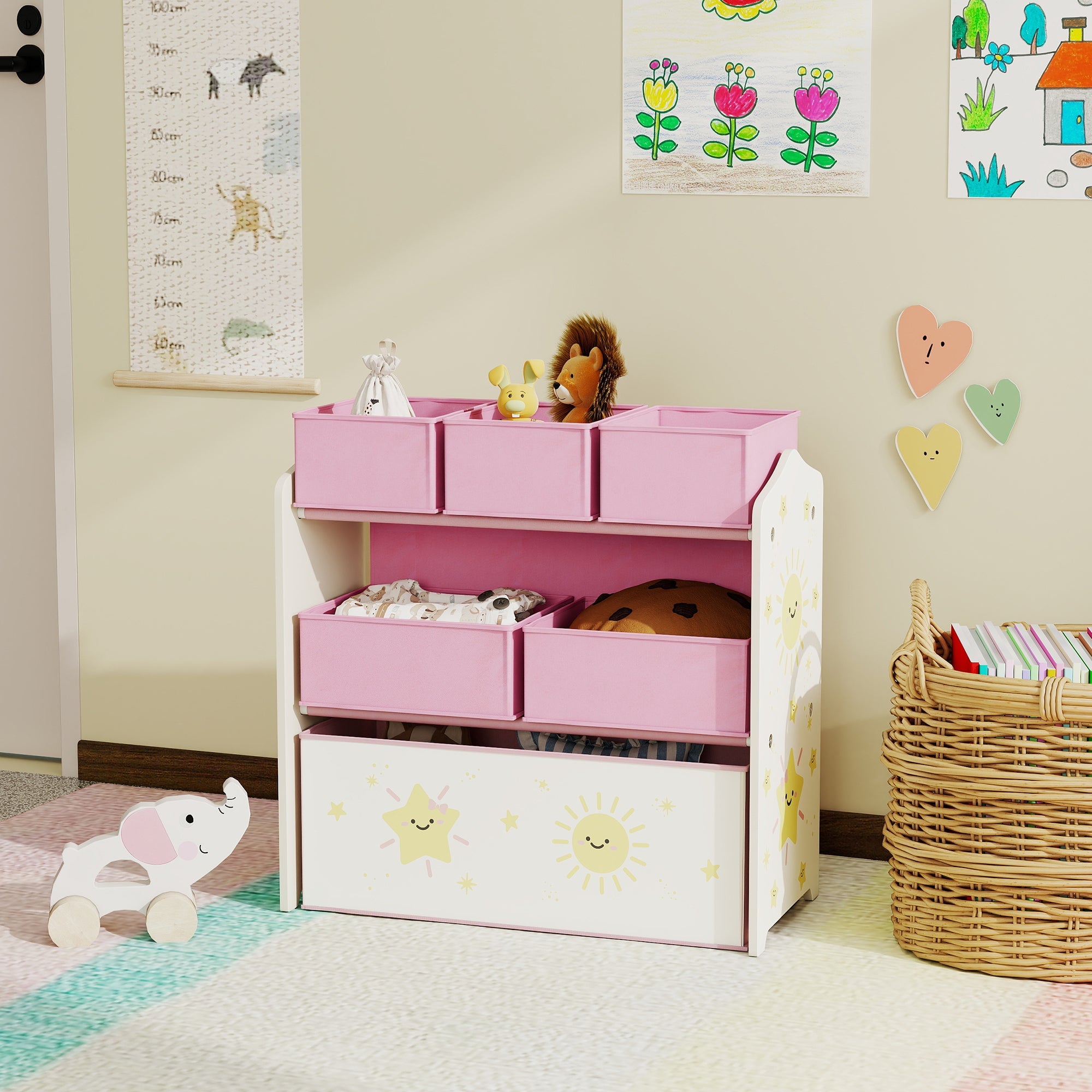AIYAPLAY Kids Toy Storage Units, 3-Tier Toy Organiser Shelf with 6 Removable Boxes for Kids, Bedroom, Playroom, Pink