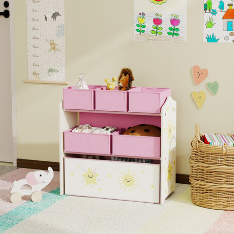 AIYAPLAY Kids Toy Storage Units, 3-Tier Toy Organiser Shelf with 6 Removable Boxes for Kids, Bedroom, Playroom, Pink