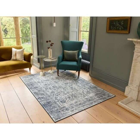 Eco-Washable Blue Rug Bordered Design