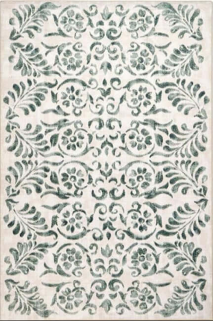 Eco-Washable Beige and Green Rug Floral Design