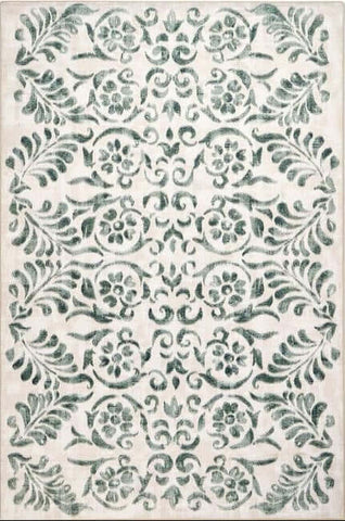 Eco-Washable Beige and Green Rug Floral Design