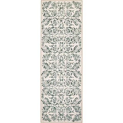 Eco-Washable Beige and Green Rug Floral Design