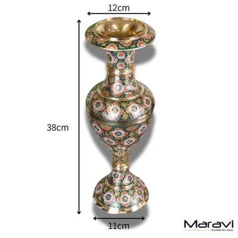 Vintage Brass Vase Pair 38cm Hand Painted and Etched