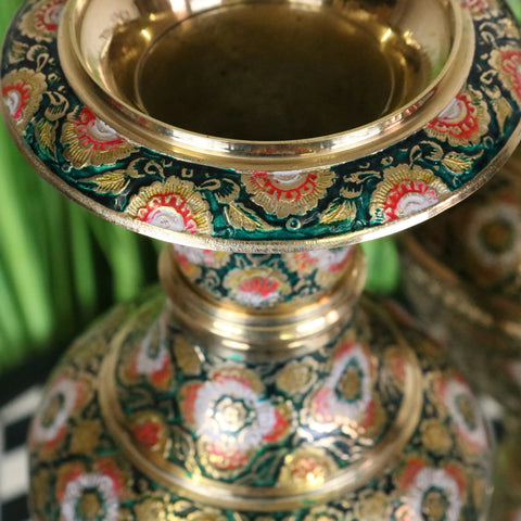 Vintage Brass Vase Pair 38cm Hand Painted and Etched
