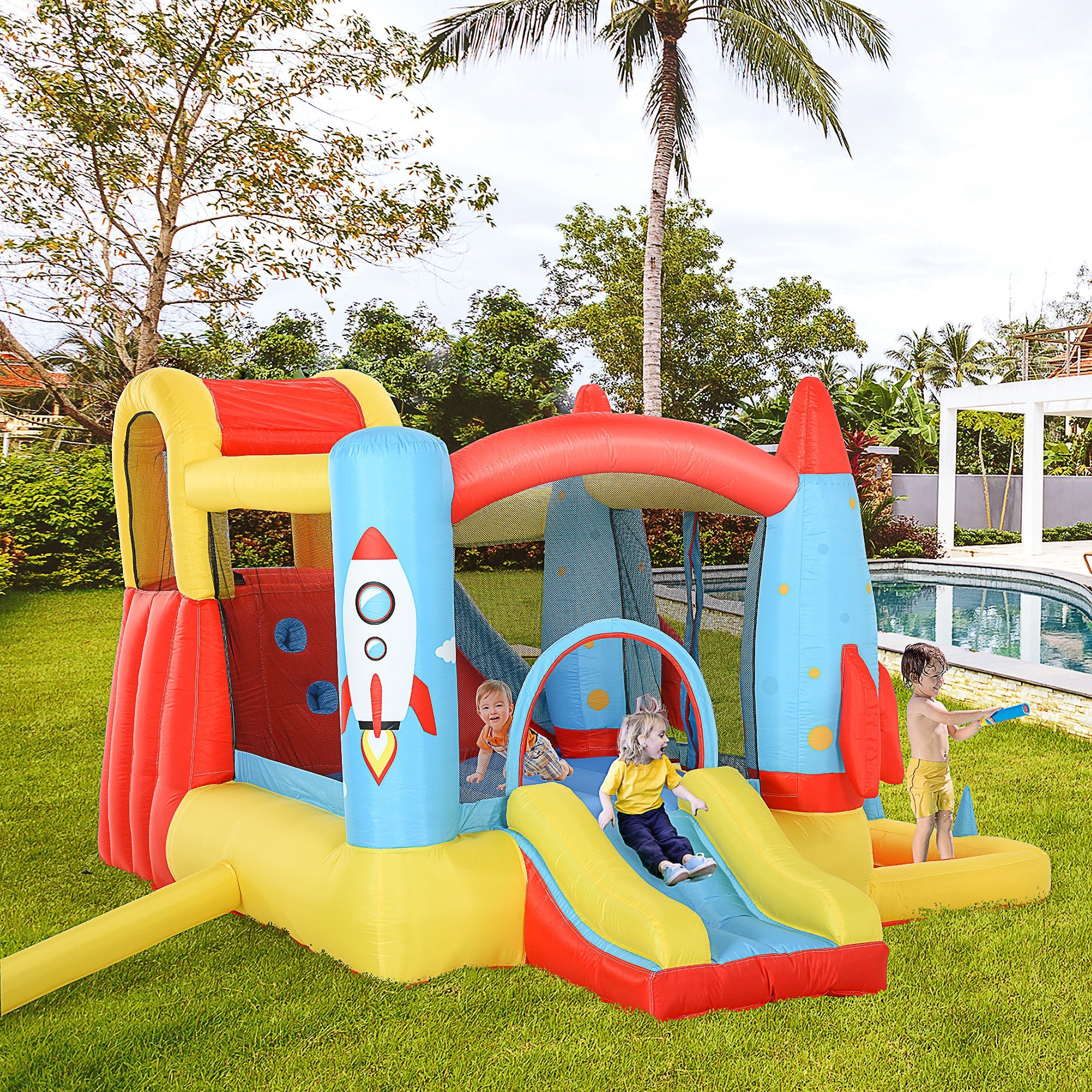 Outsunny Bounce Castle Inflatable Trampoline Slide Pool Rocket Design 3.4 x 2.8 x 1.85m