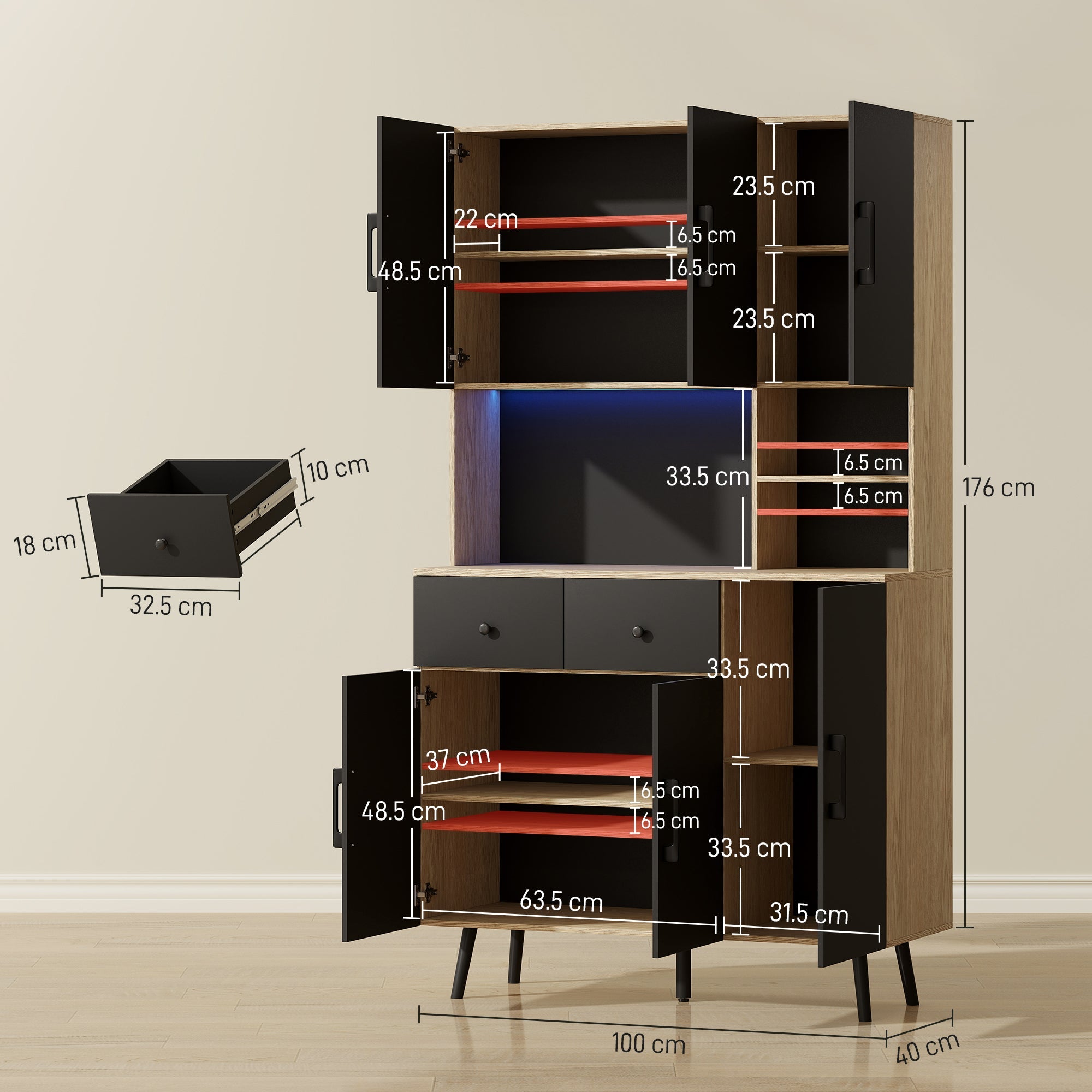 HOMCOM 176 cm Kitchen Cupboard with LED Lights - Oak and Black