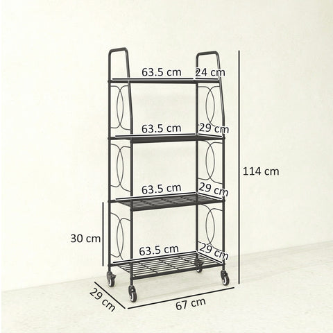Outsunny 4-Tier Metal Plant Stand, Heavy Duty Ladder Shelf Potted Plants Display Rack with Lockable Wheels