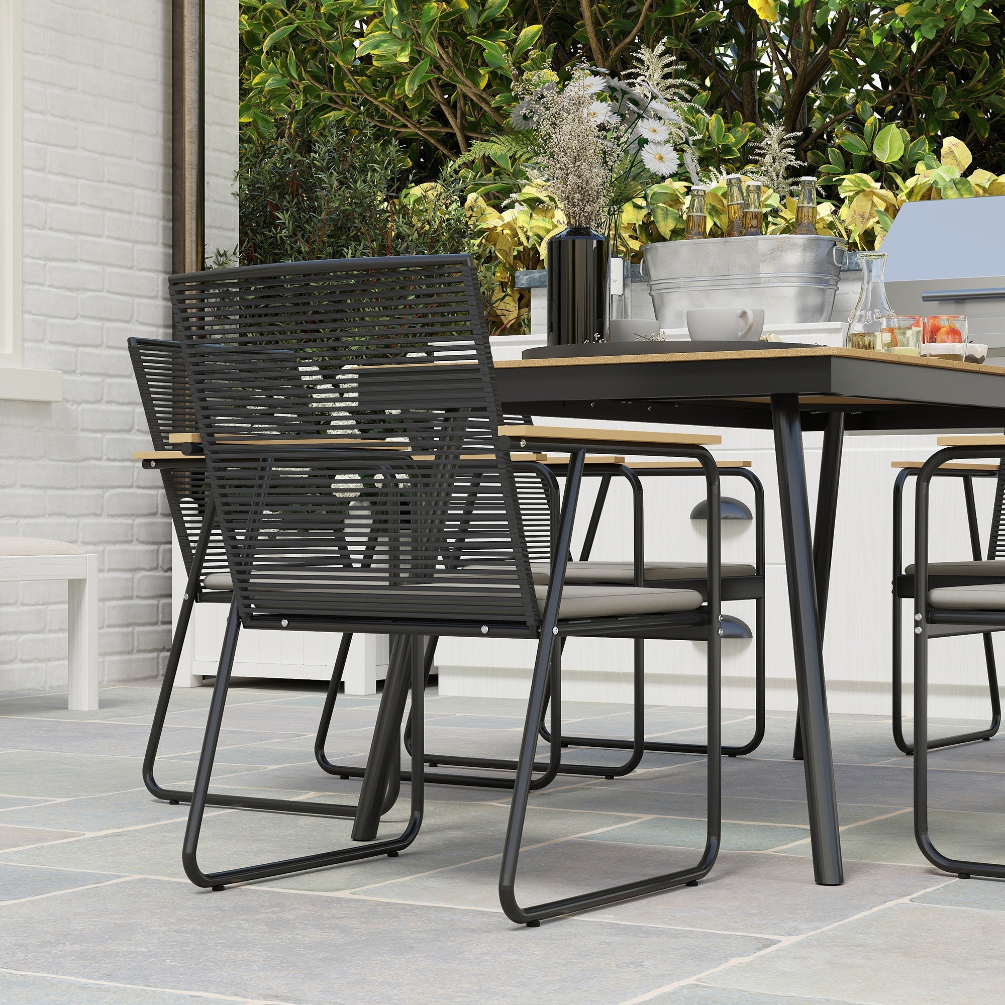 Outsunny 6 Seater Garden Dining Set with Soft Cushions, Rattan Backrest, Rectangular Plastic Top, Garden Furniture Set, Outdoor Dining Table and Chairs for Patio, Balcony, Poolside, Nature Wood Finish