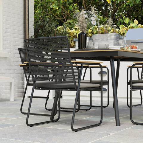 Outsunny 6 Seater Garden Dining Set with Soft Cushions, Rattan Backrest, Rectangular Plastic Top, Garden Furniture Set, Outdoor Dining Table and Chairs for Patio, Balcony, Poolside, Nature Wood Finish
