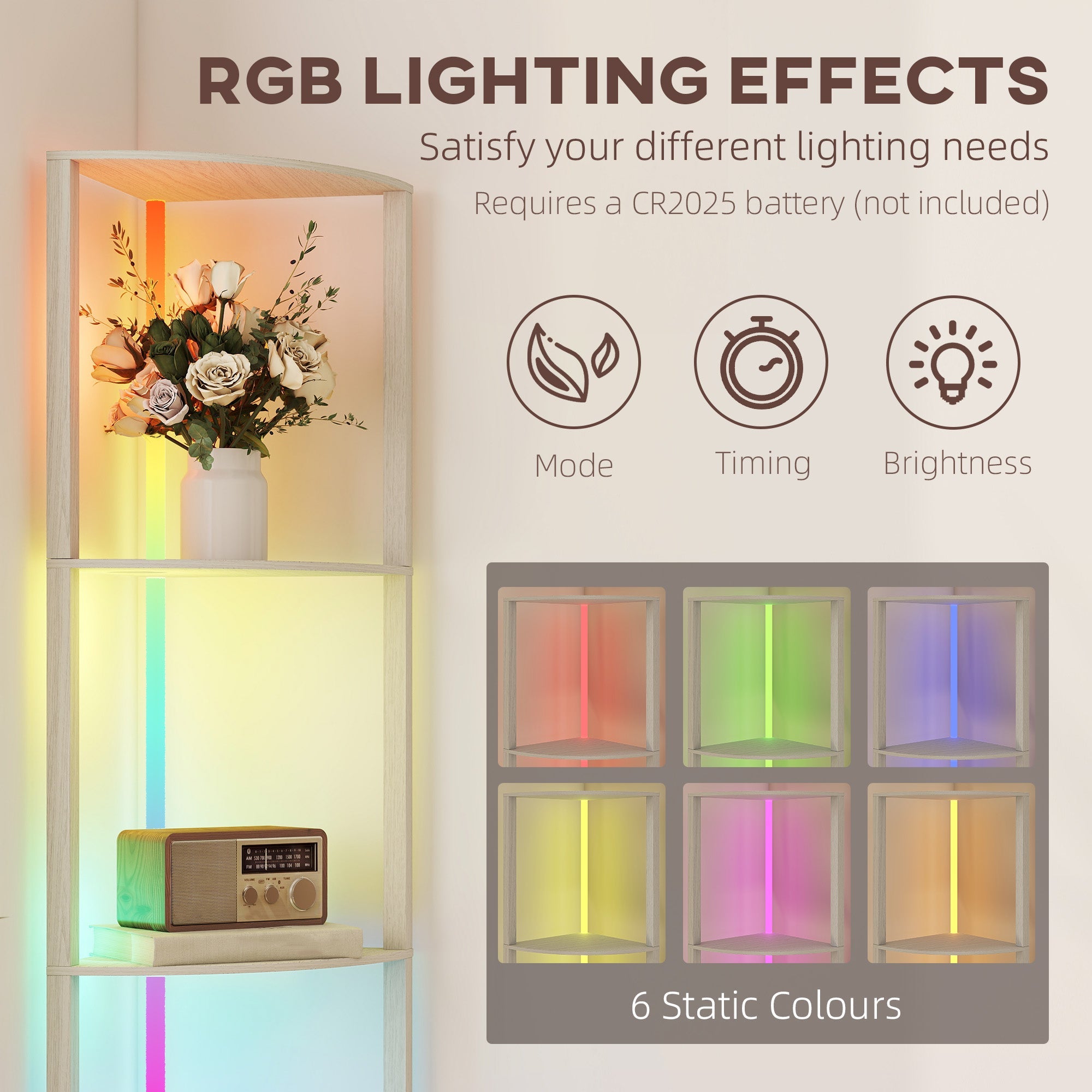 HOMCOM RGB LED Floor Lamp with Shelves, 5-Tier Dimmable Standing Lamp with Adjustable Brightness and Remote Control, Modern Corner Display Shelf Unit for Living Room Bedroom Office, Oak