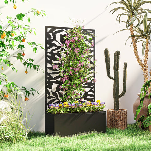 Outsunny Metal Garden Bed with Trellis, Wall Mounted or Freestanding Raised Planter with Privacy Panel, Black