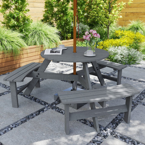 Outsunny 6 Seater Wooden Picnic Table and Garden Benches Set, Round Garden Dining Set with 3 Benches and Umbrella Hole Outdoor Garden Park, Grey