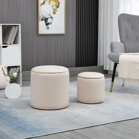 HOMCOM Modern Storage Ottoman with Removable Lid, Fabric Storage Stool, Foot Stool, Dressing Table Stool Side Table, Set of 2, Cream White